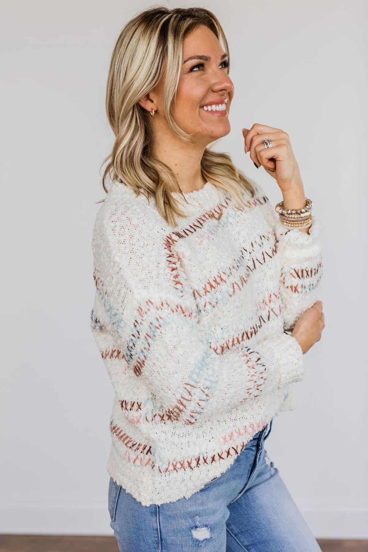 Lovely Aura Cross Stitch Striped Sweater- Ivory