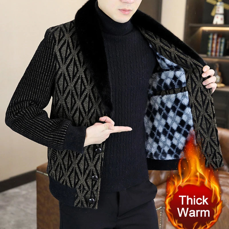 Men's Casual Style Fur Collar Printed Pattern Single Breasted Winter Coat