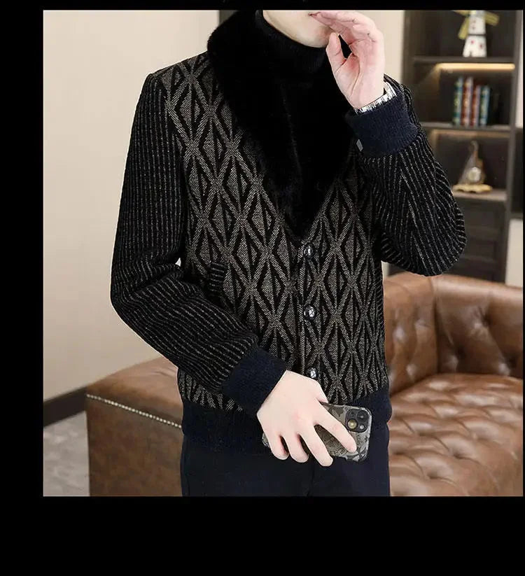 Men's Casual Style Fur Collar Printed Pattern Single Breasted Winter Coat