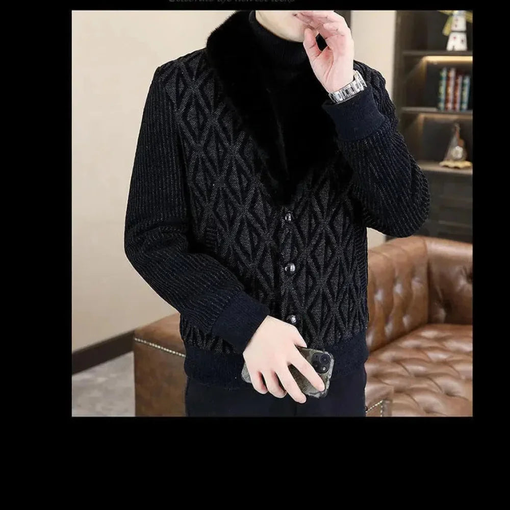 Men's Casual Style Fur Collar Printed Pattern Single Breasted Winter Coat