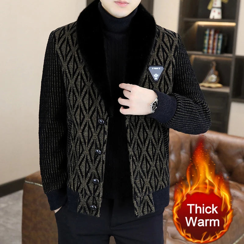 Men's Casual Style Fur Collar Printed Pattern Single Breasted Winter Coat