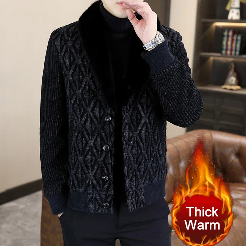 Men's Casual Style Fur Collar Printed Pattern Single Breasted Winter Coat