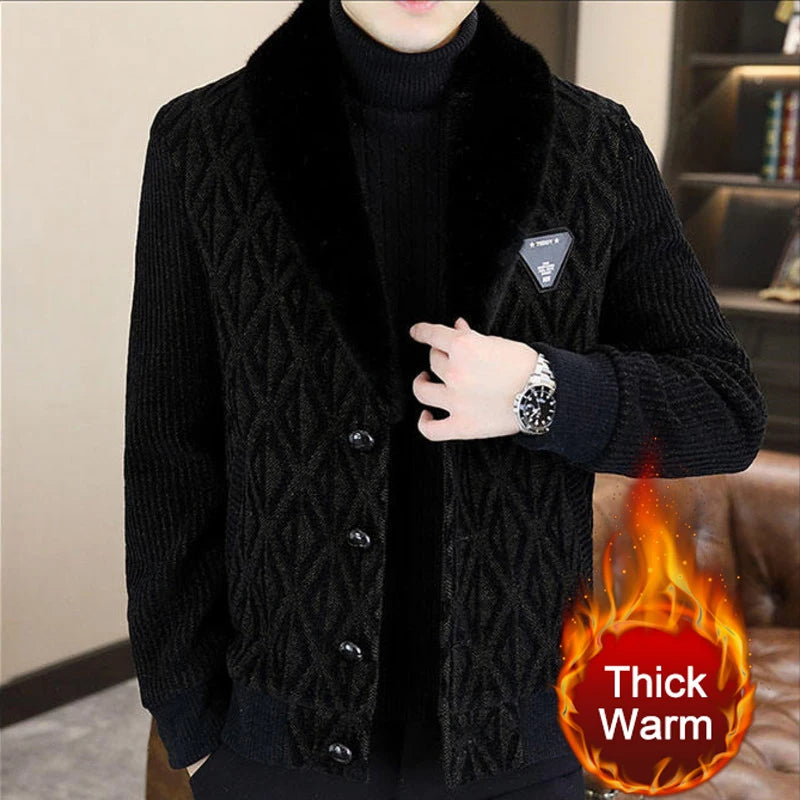 Men's Casual Style Fur Collar Printed Pattern Single Breasted Winter Coat