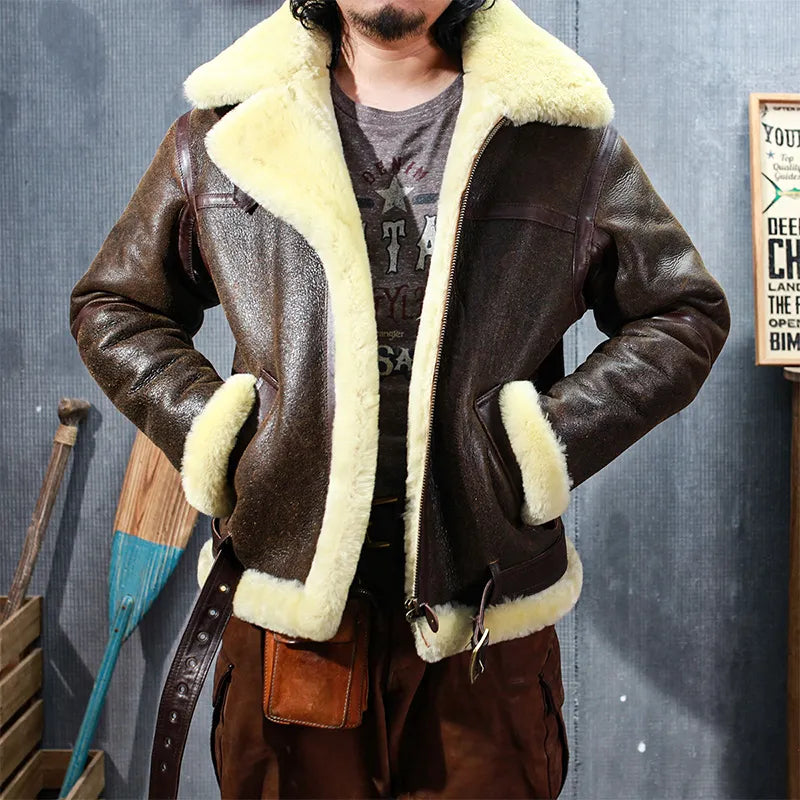 Men's Genuine Sheep Leather Shearling Bomber Merino Fur Brown Coat