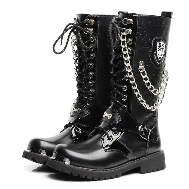 Mens Leather Motorcycle Boots Army Combat Boots