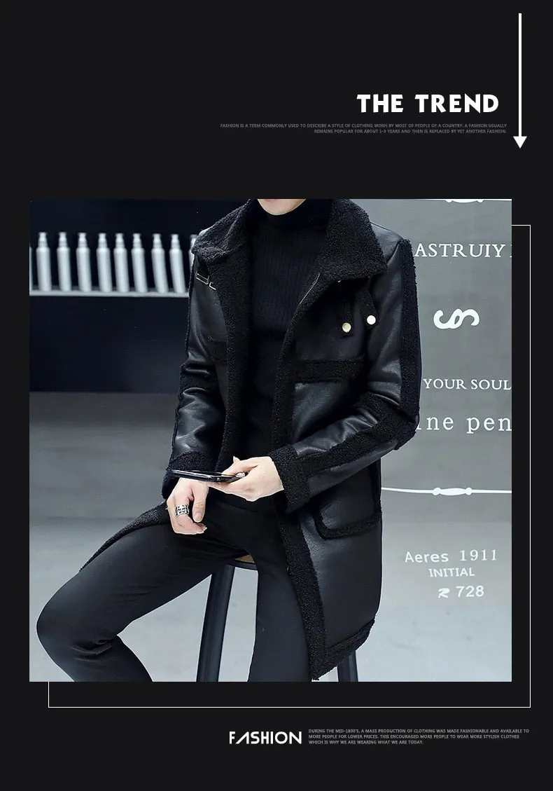 Men's Winter Casual Mid-Length Synthetic Leather Thickened Fur Coat