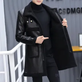 Men's Winter Casual Mid-Length Synthetic Leather Thickened Fur Coat