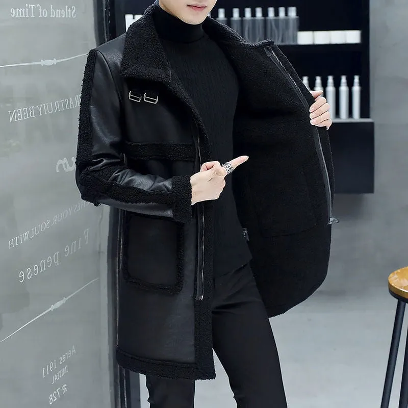 Men's Winter Casual Mid-Length Synthetic Leather Thickened Fur Coat