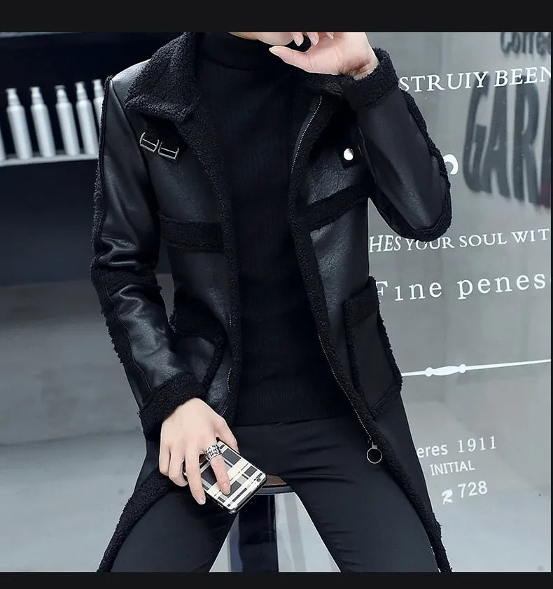 Men's Winter Casual Mid-Length Synthetic Leather Thickened Fur Coat