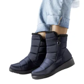 Navy blue snow boots with a low Mount wedge