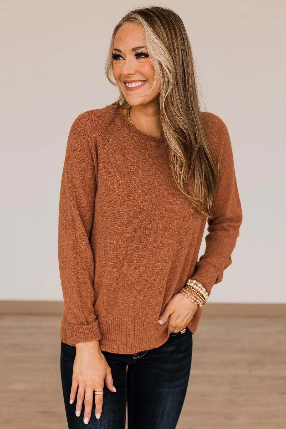 No Regrets Brushed Knit Sweater- Dark Camel