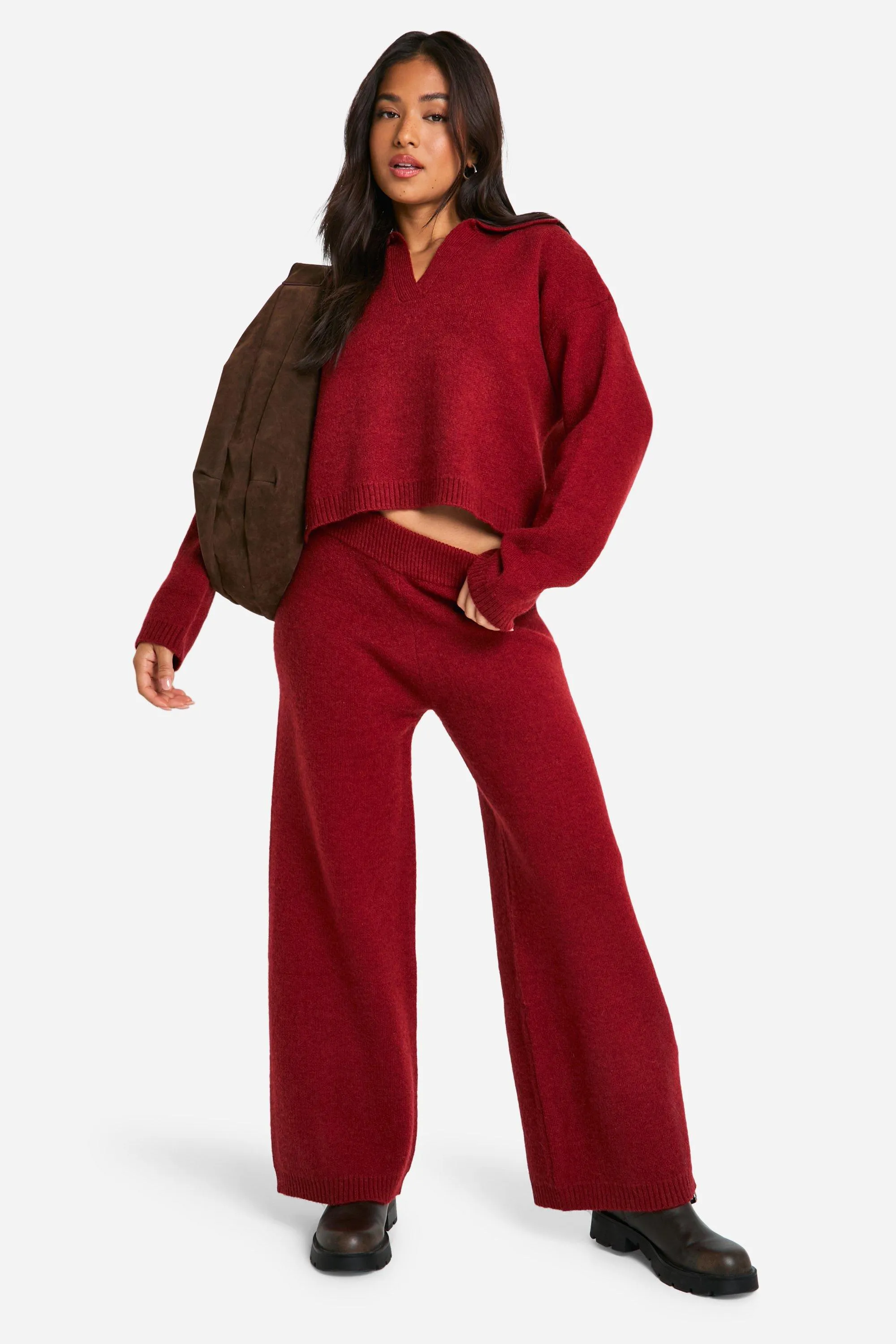 Petite Collared V Neck Sweater And Pants Two-Piece