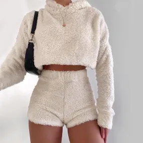 Plush Hoodies and High Waist Short Set