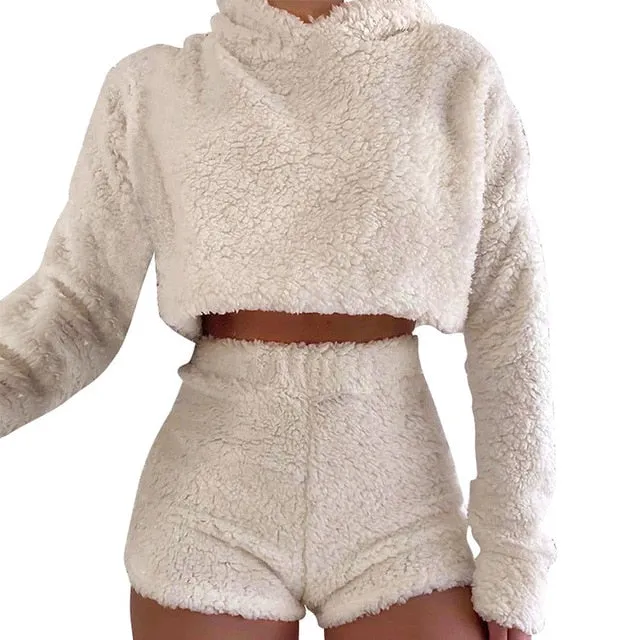 Plush Hoodies and High Waist Short Set