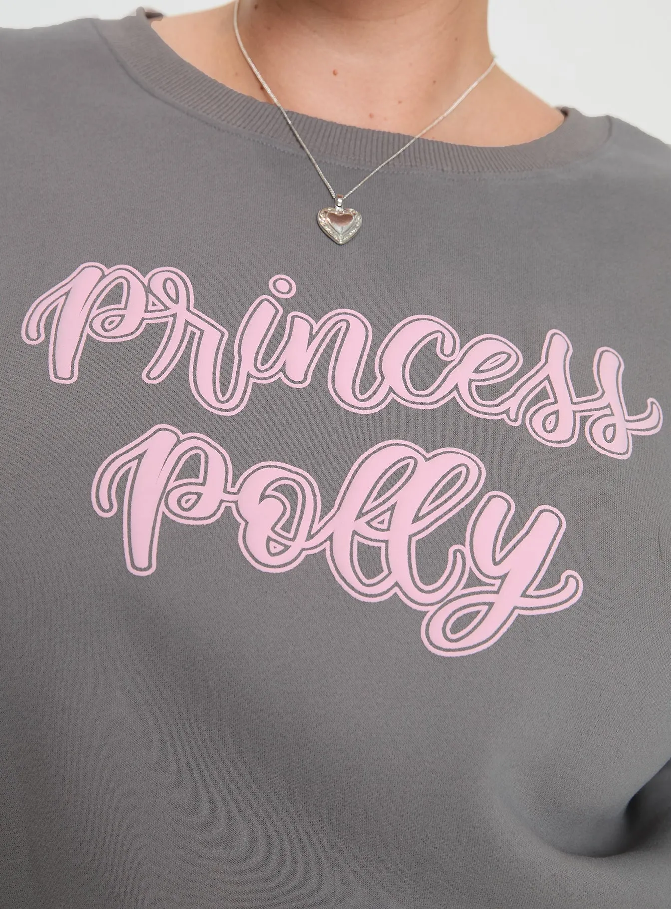 Princess Polly Crew Neck Sweatshirt Puff Text Charcoal Curve