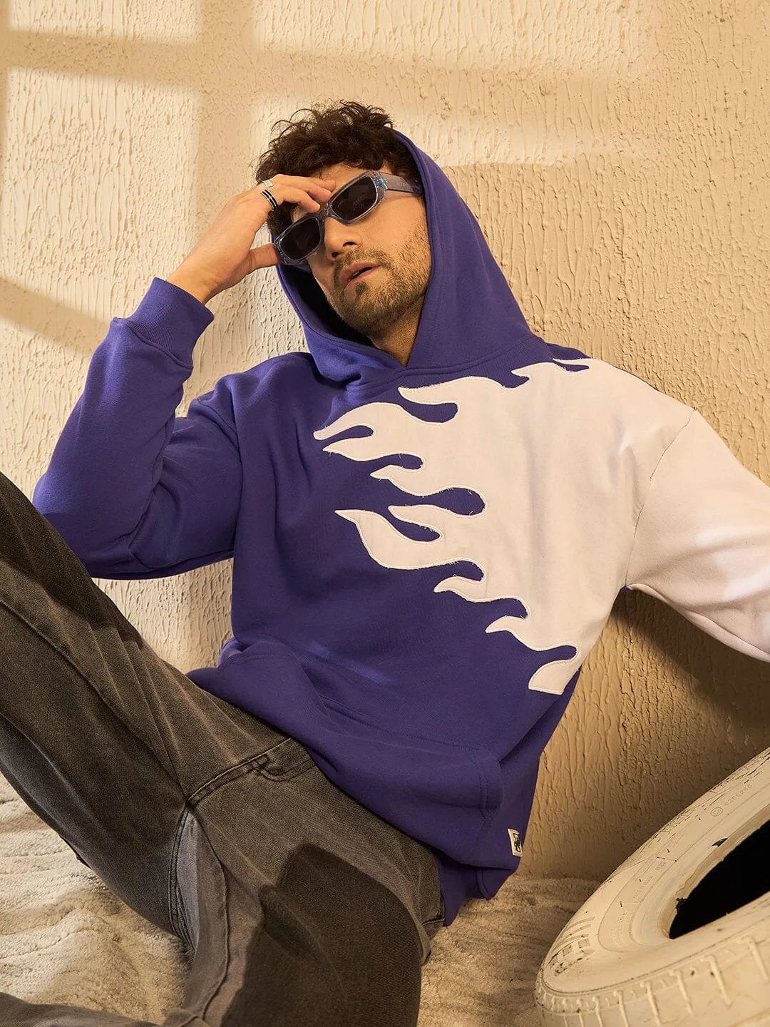 Purple Flames Patched Oversized Hoodie