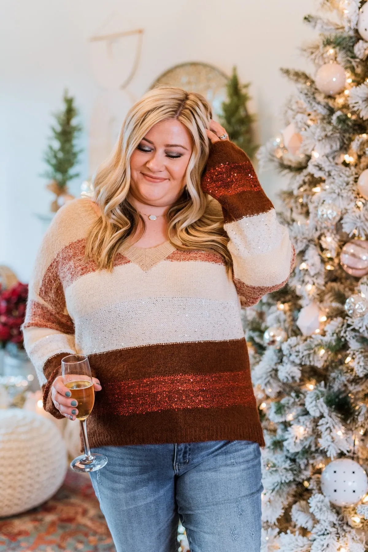 Ready For Snow Sequin Striped Sweater- Beige, Brown, Burgundy