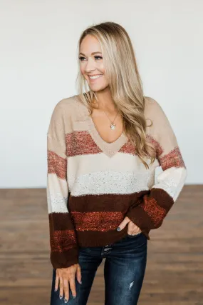 Ready For Snow Sequin Striped Sweater- Beige, Brown, Burgundy