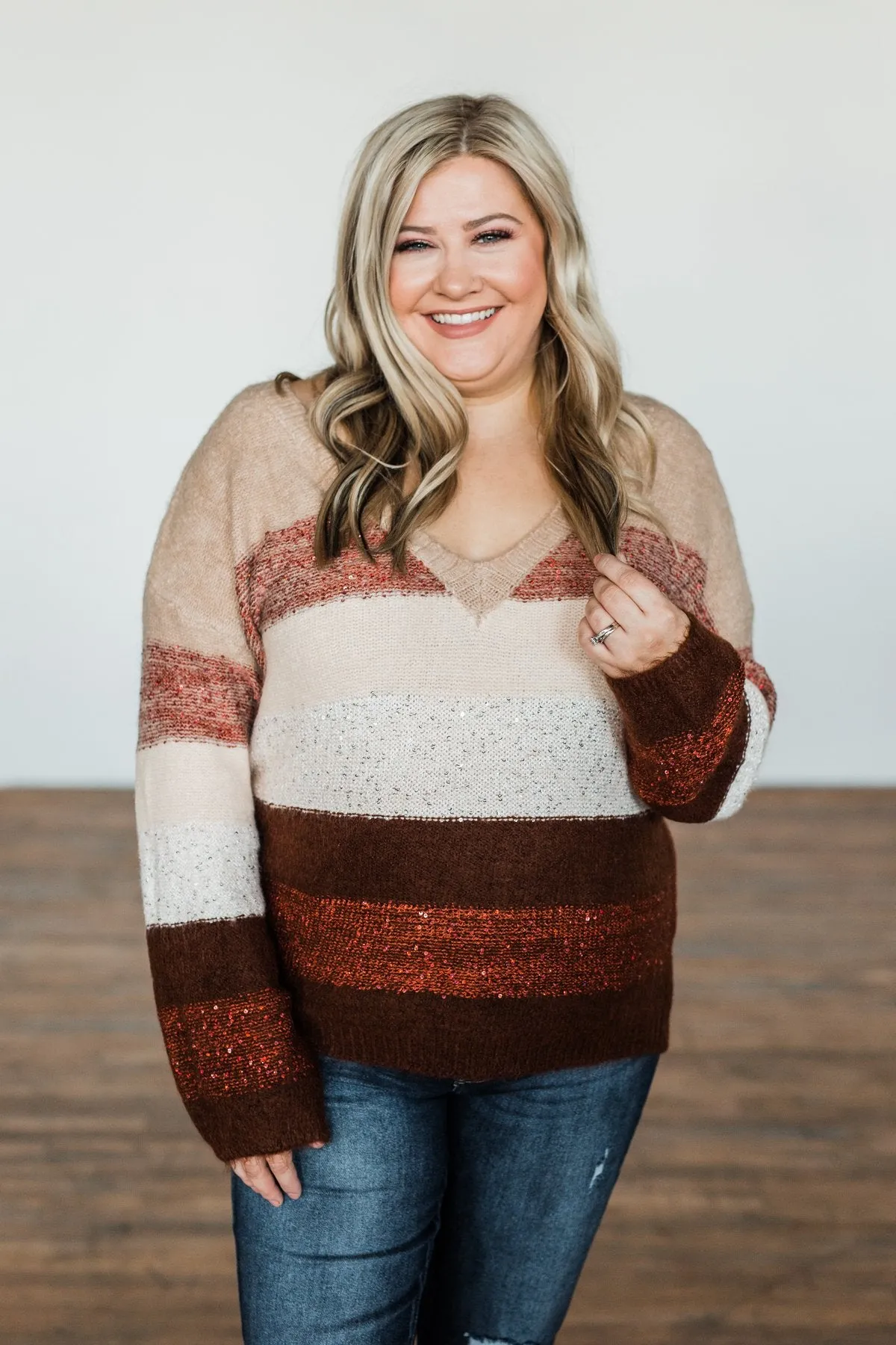 Ready For Snow Sequin Striped Sweater- Beige, Brown, Burgundy