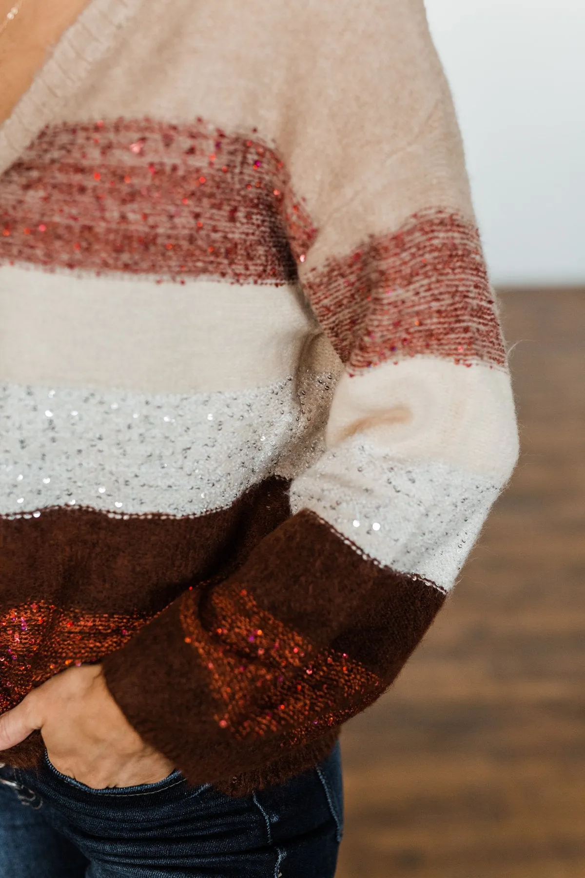 Ready For Snow Sequin Striped Sweater- Beige, Brown, Burgundy