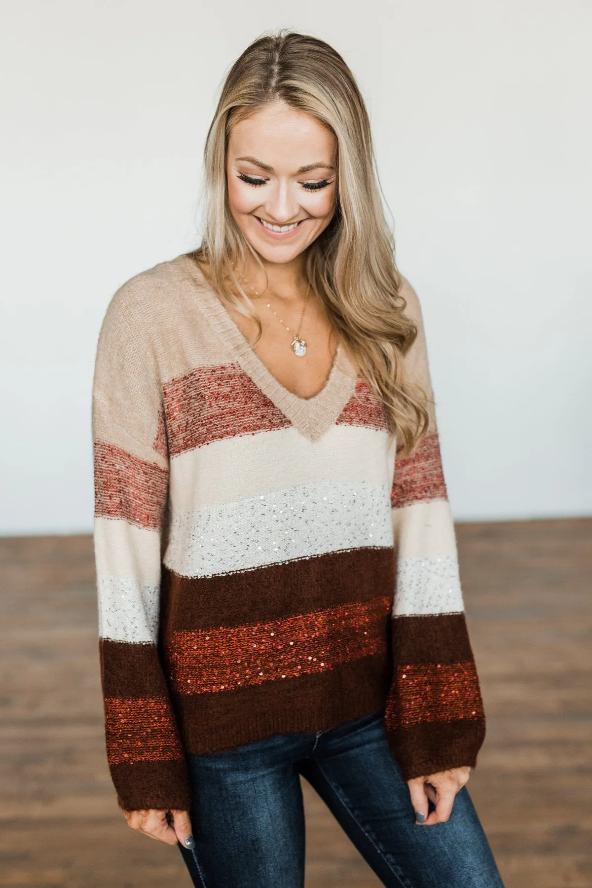 Ready For Snow Sequin Striped Sweater- Beige, Brown, Burgundy