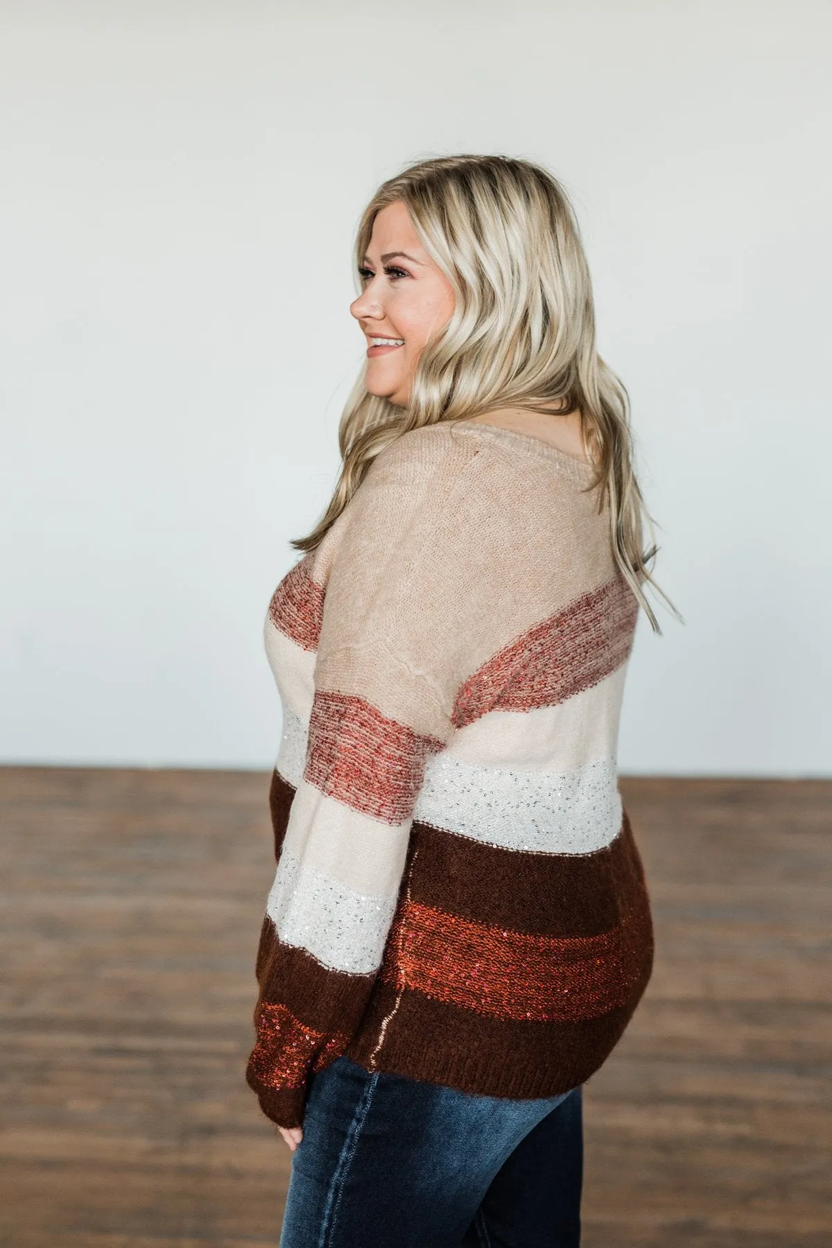 Ready For Snow Sequin Striped Sweater- Beige, Brown, Burgundy