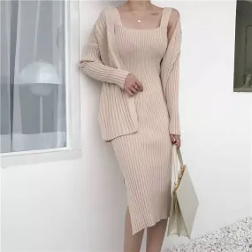 Ribbed Knit Midi Dress And Long Sleeve Sweater Robe Two Piece Set