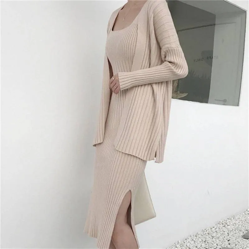 Ribbed Knit Midi Dress And Long Sleeve Sweater Robe Two Piece Set