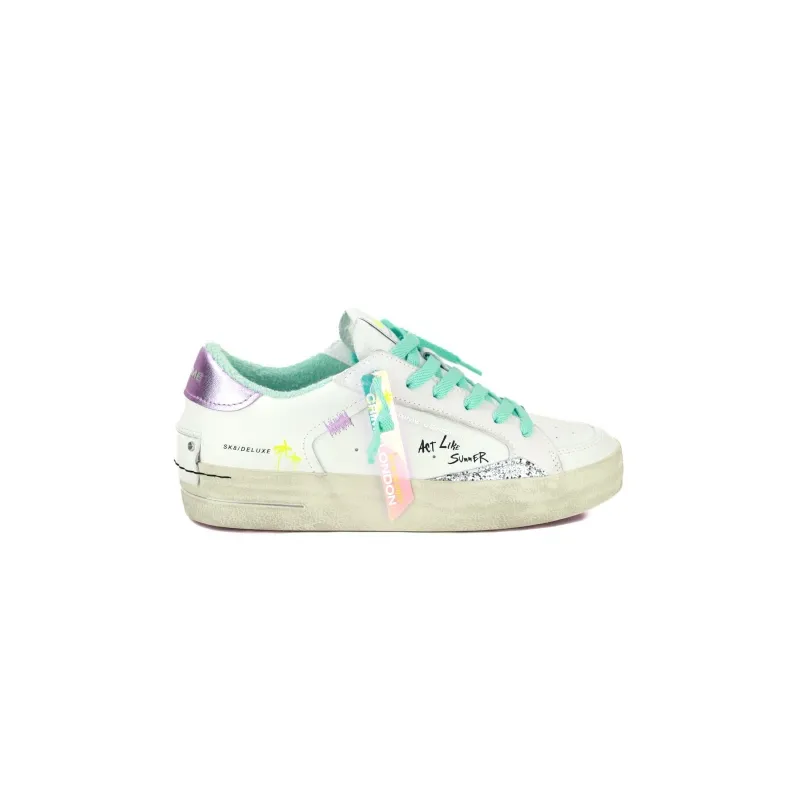 SNEAKERS DONNA PELLE DETTAGLI LAMINATO E GLITTER, BIANCO