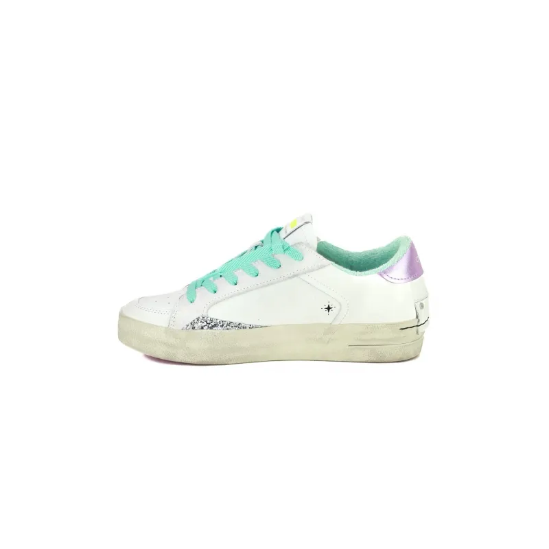 SNEAKERS DONNA PELLE DETTAGLI LAMINATO E GLITTER, BIANCO