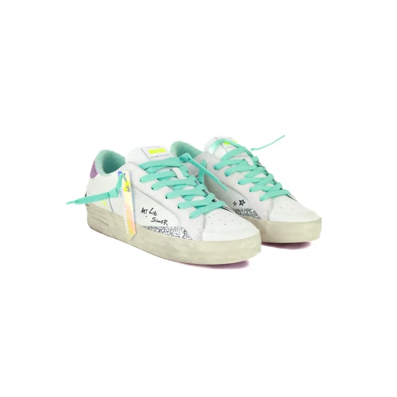 SNEAKERS DONNA PELLE DETTAGLI LAMINATO E GLITTER, BIANCO