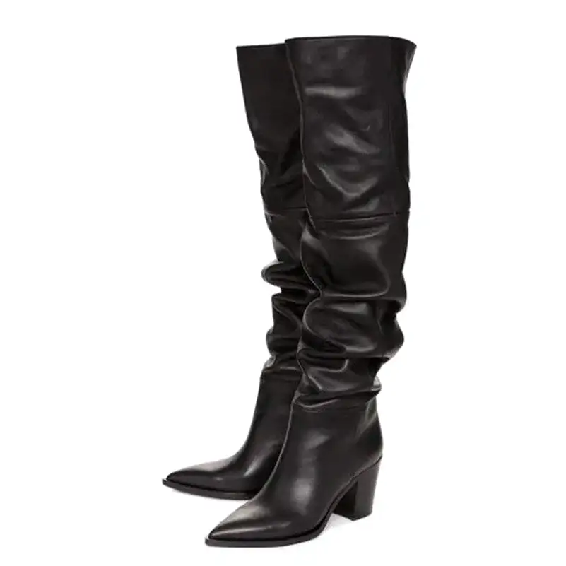 Spring Autumn Punk Pointed Toe Square Heels Women Over The Knee Boots Leather Boots