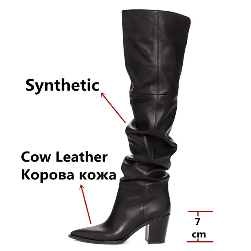 Spring Autumn Punk Pointed Toe Square Heels Women Over The Knee Boots Leather Boots