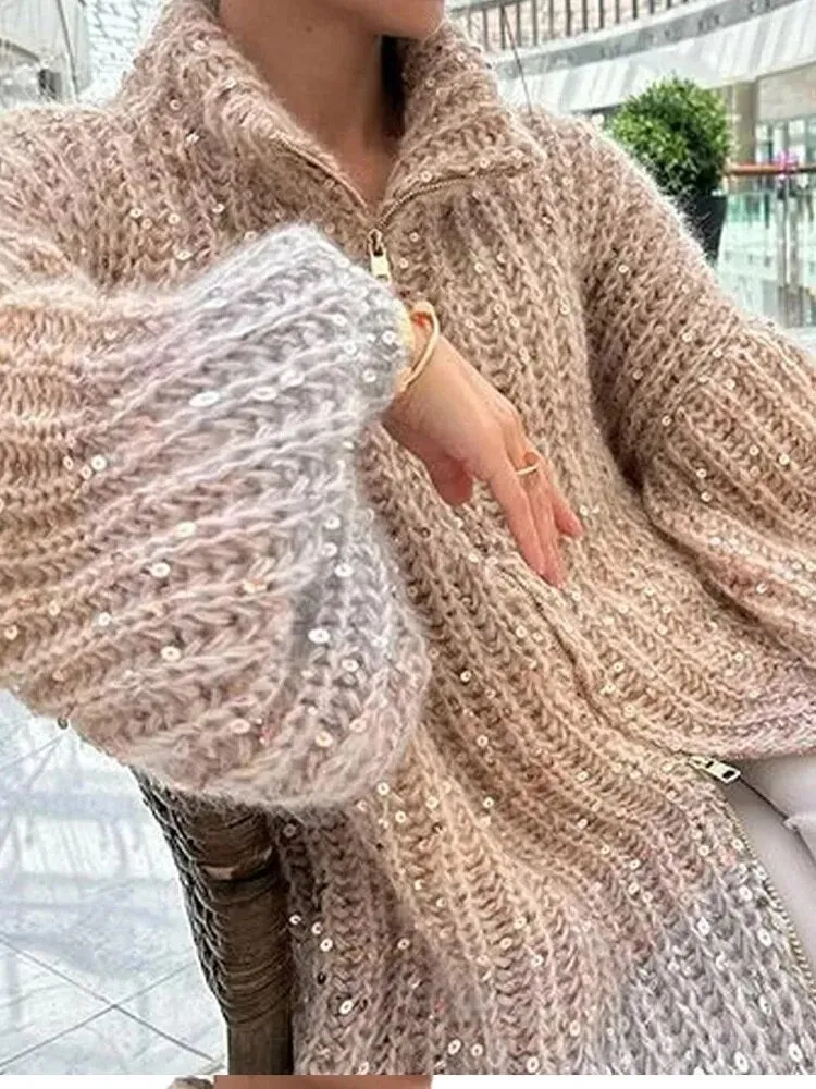 Stand Collar Sequin Knitted Women's Sweater Cardigans Zippers Lantern Long Sleeve