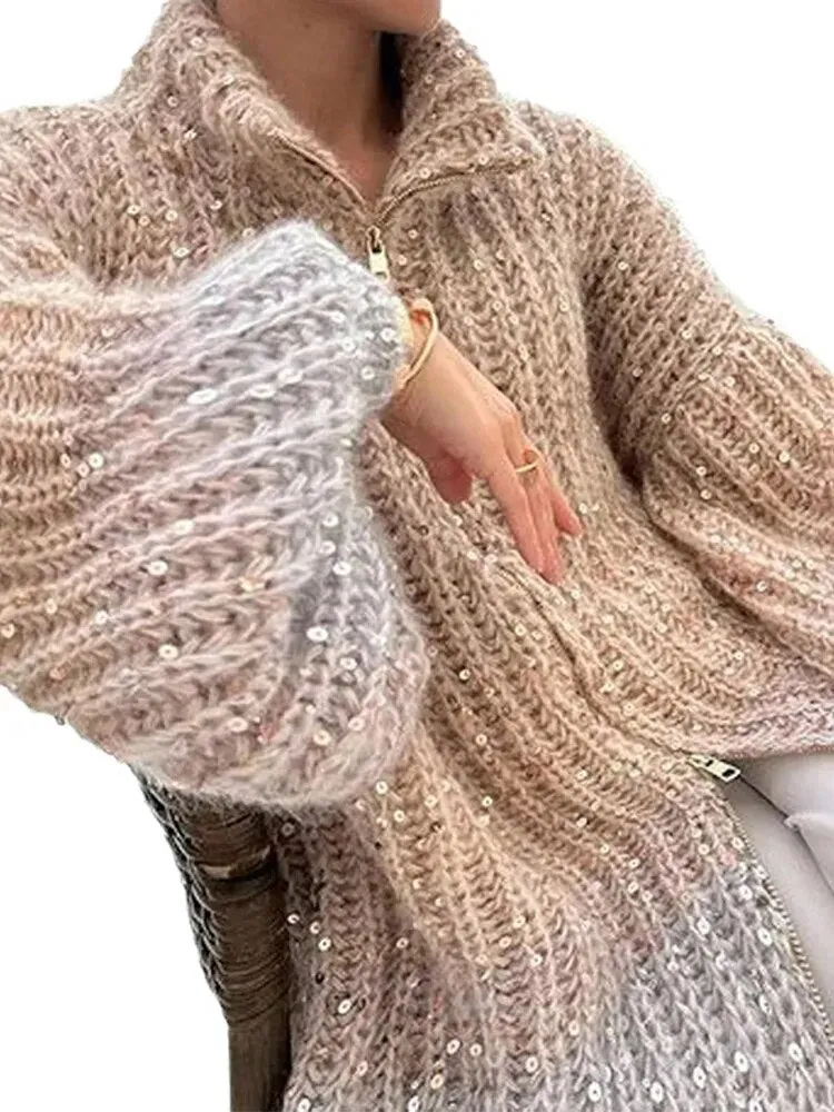 Stand Collar Sequin Knitted Women's Sweater Cardigans Zippers Lantern Long Sleeve