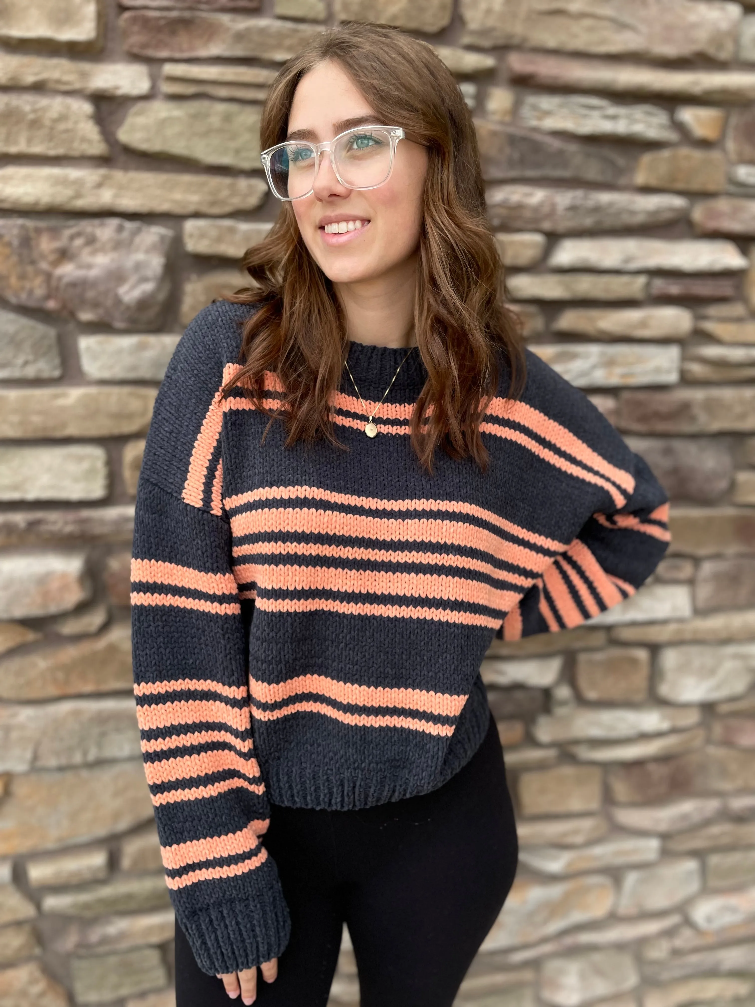 Striped Chenille Sweater | Black & Orange