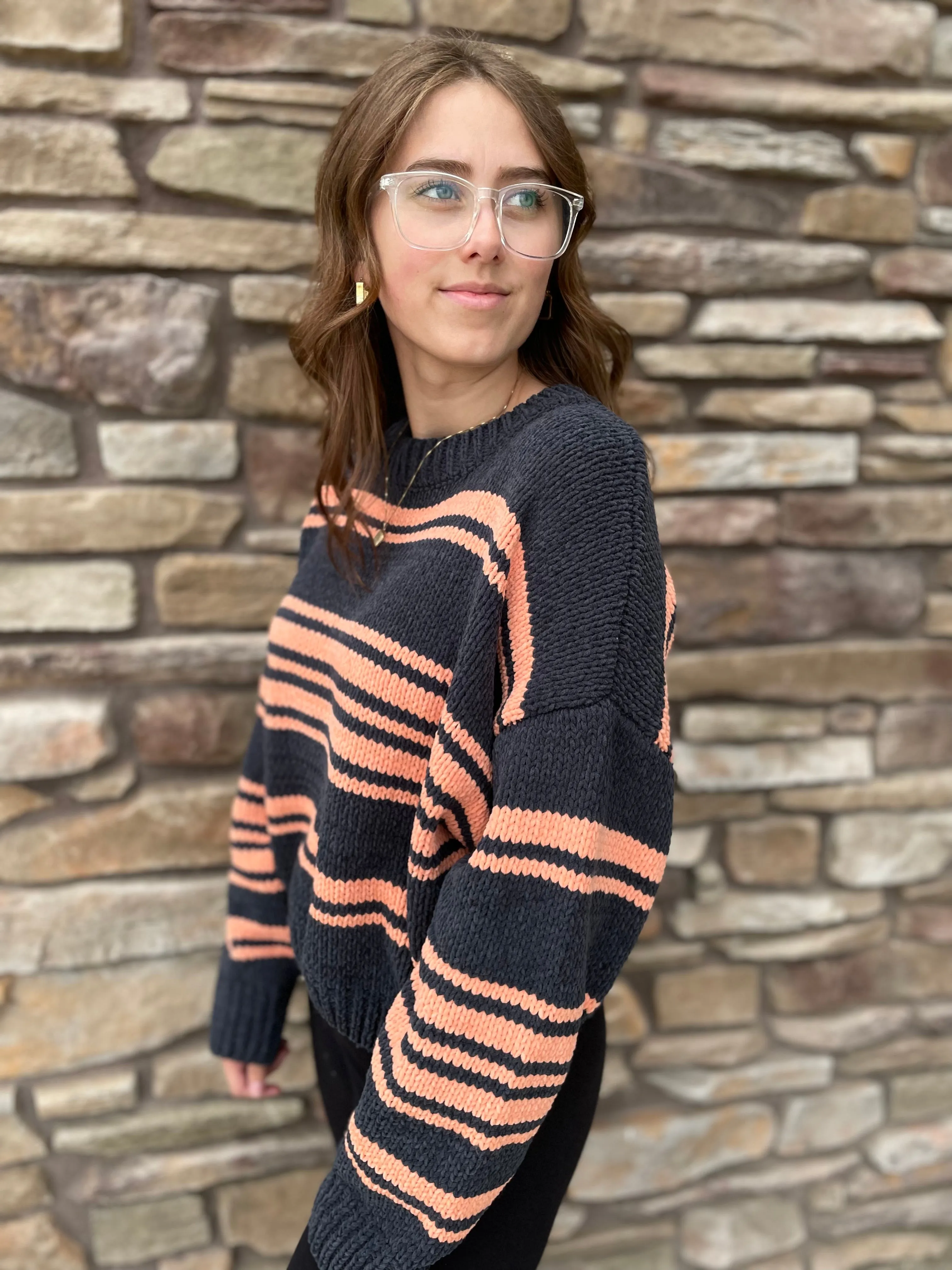 Striped Chenille Sweater | Black & Orange