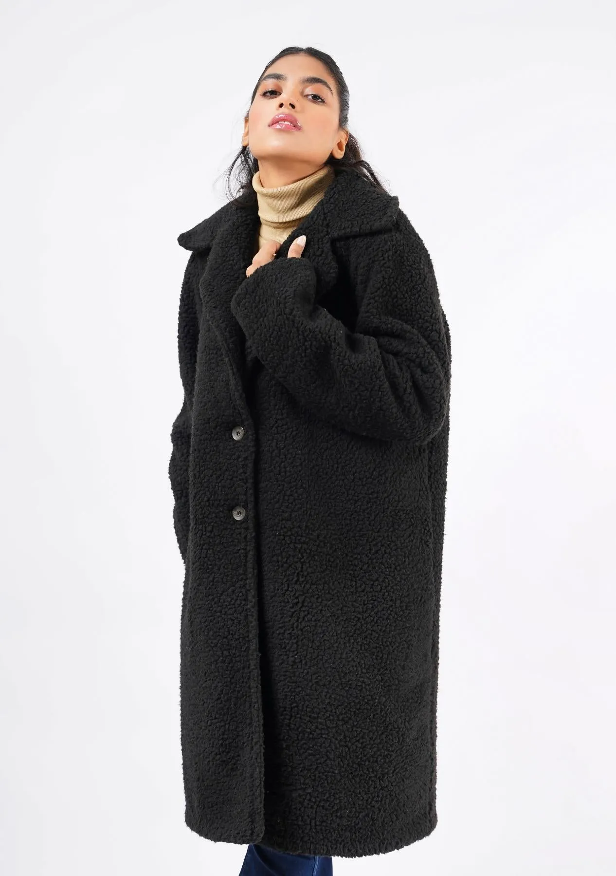 Teddy Faux Fur Oversized Coat - Black