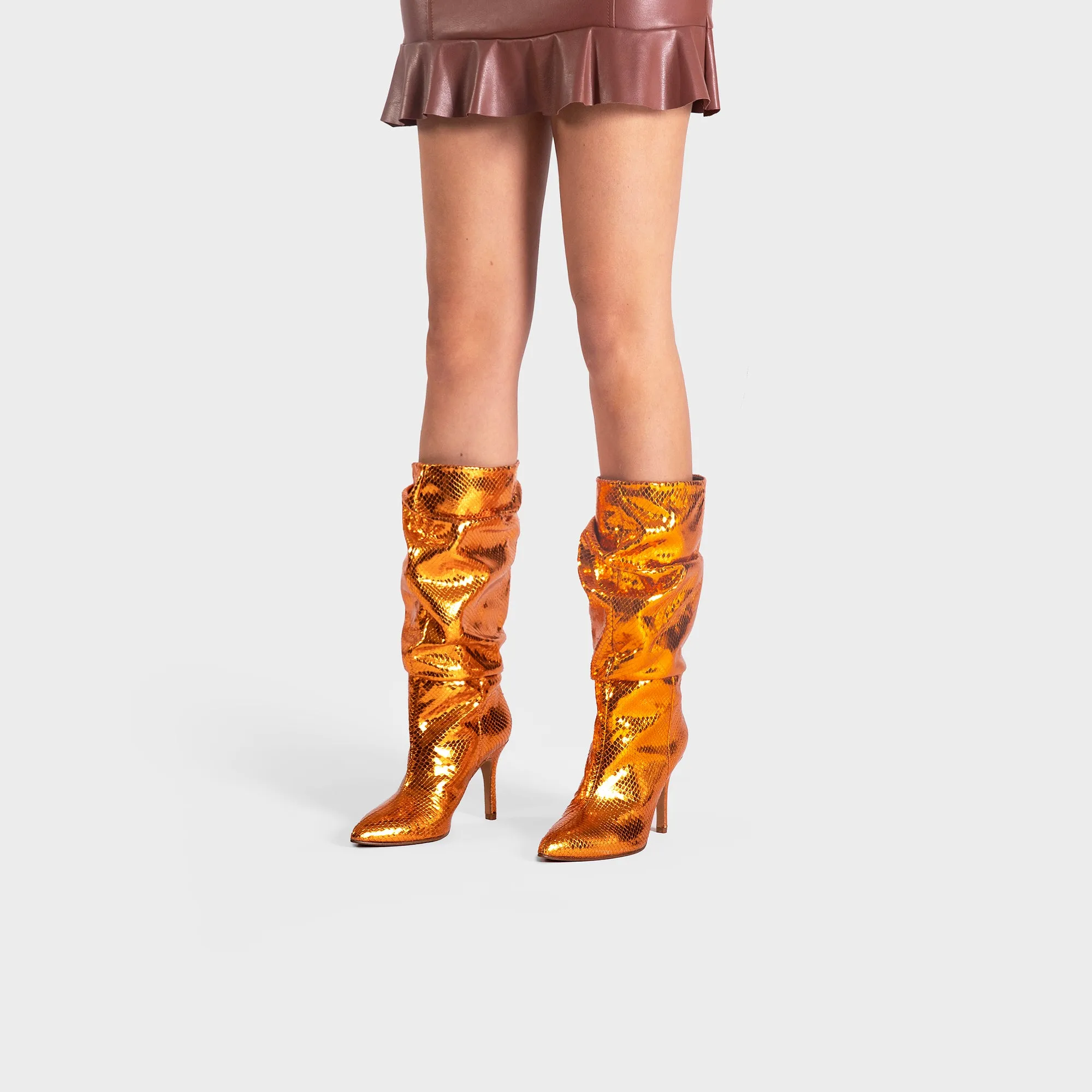 TEXTURED ORANGE METALLIC SLOUCHY BOOTS