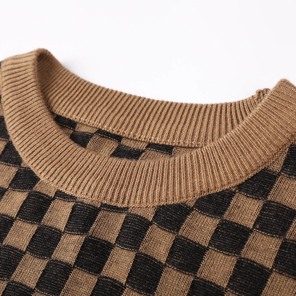 Thick O Neck Plaid Flat Knitted Sweater Cashmere Pullover for Men