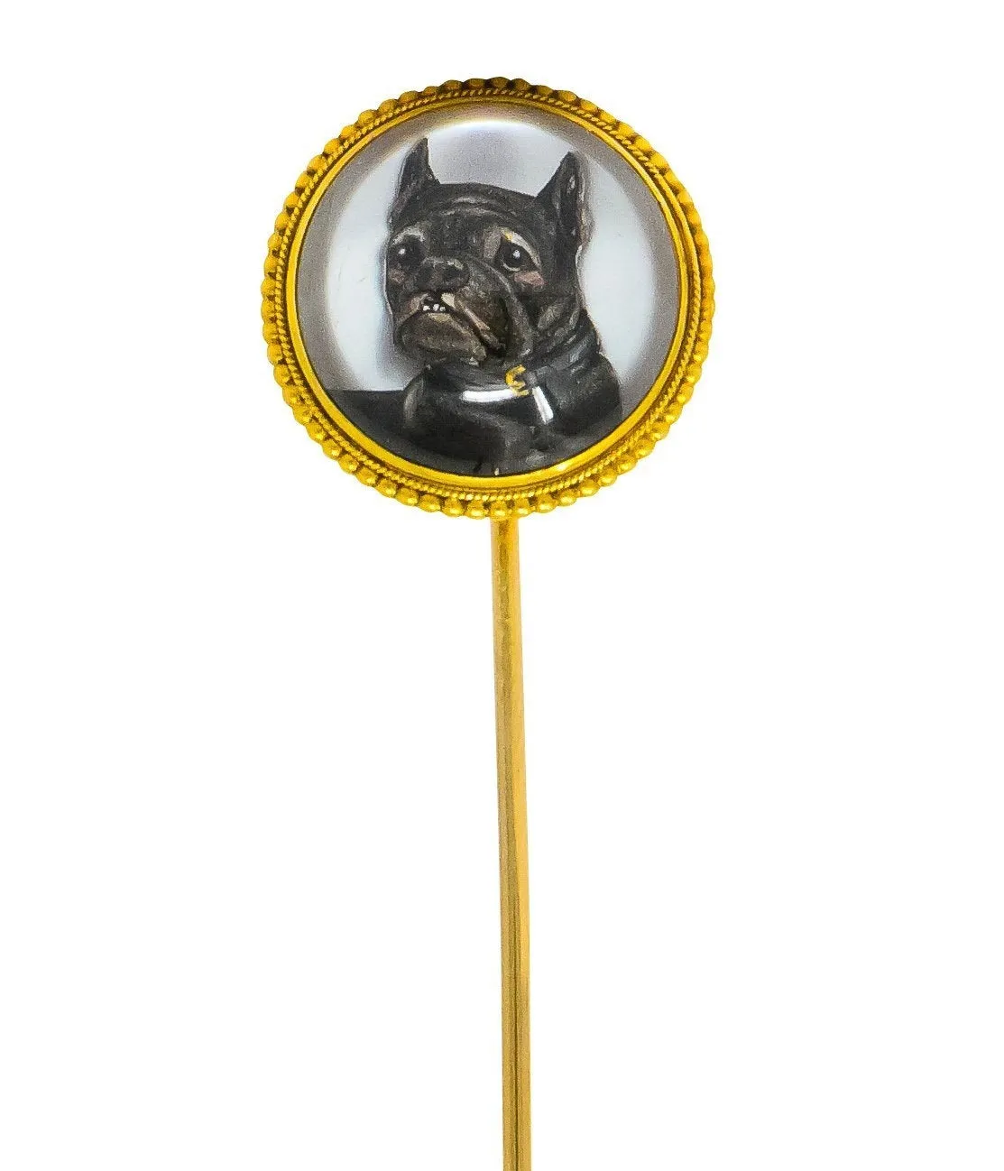 Victorian Painted Reverse Carved Rock Crystal 18 Karat Gold French Bulldog English Stickpin