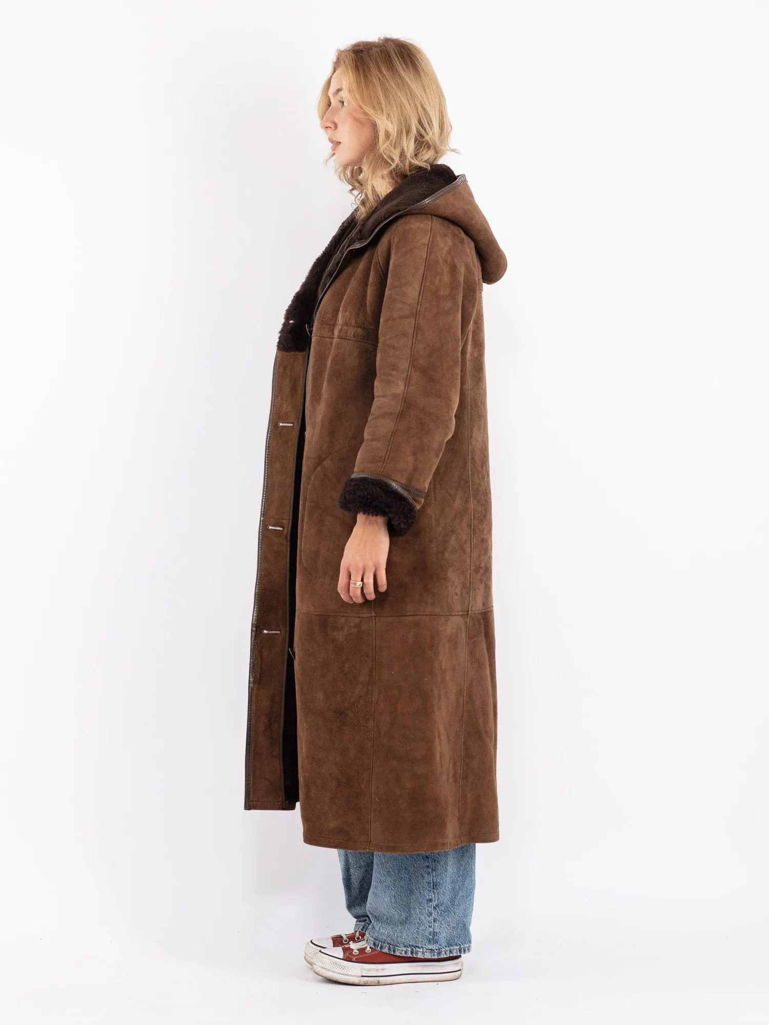 Vintage 70's Women Hooded Sheepskin Coat in Brown