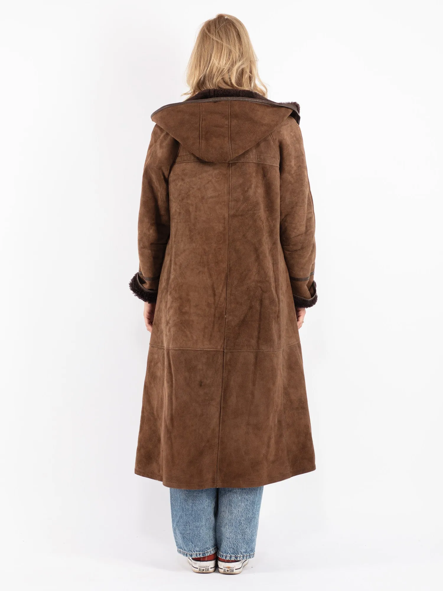 Vintage 70's Women Hooded Sheepskin Coat in Brown