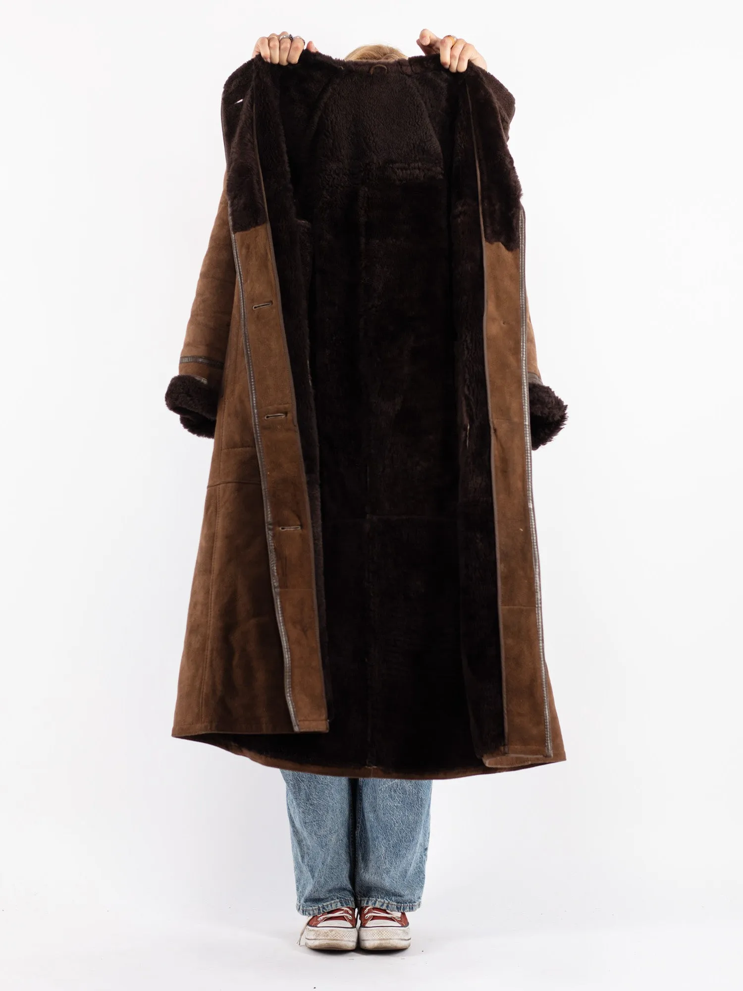 Vintage 70's Women Hooded Sheepskin Coat in Brown