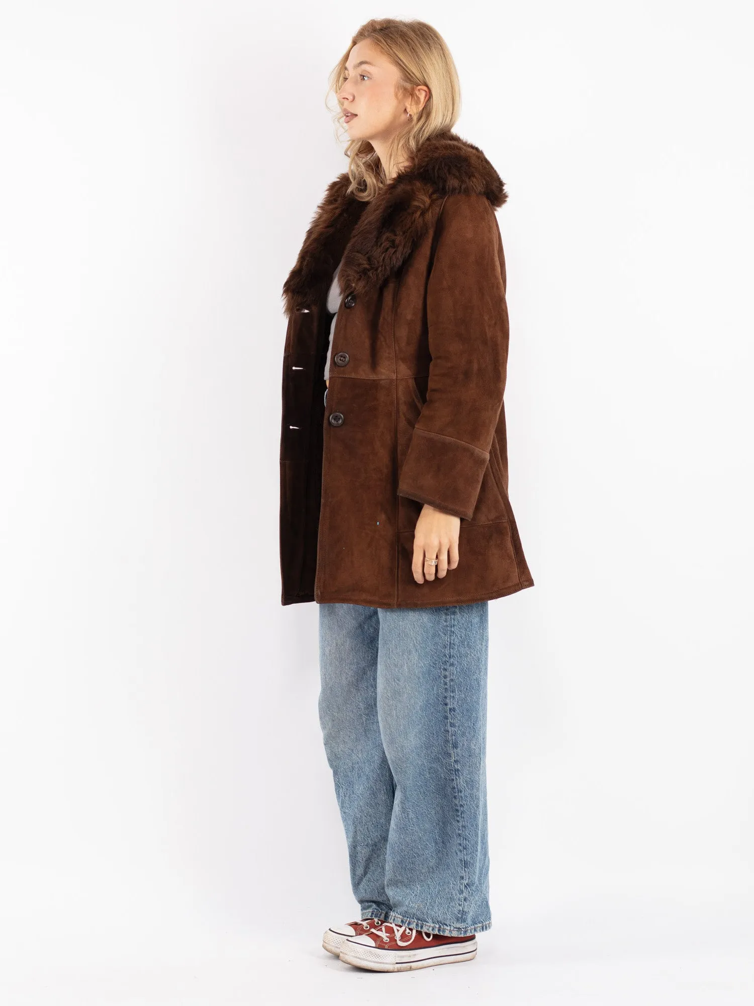 Vintage 70's Women Sheepskin Shearling Coat in Brown