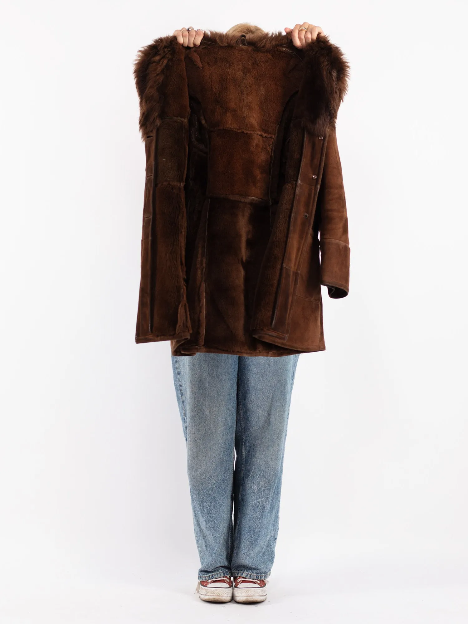 Vintage 70's Women Sheepskin Shearling Coat in Brown