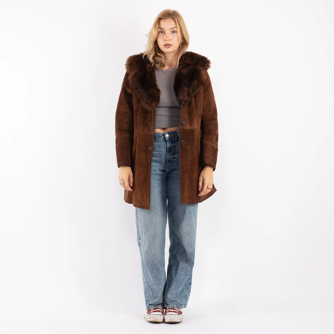 Vintage 70's Women Sheepskin Shearling Coat in Brown