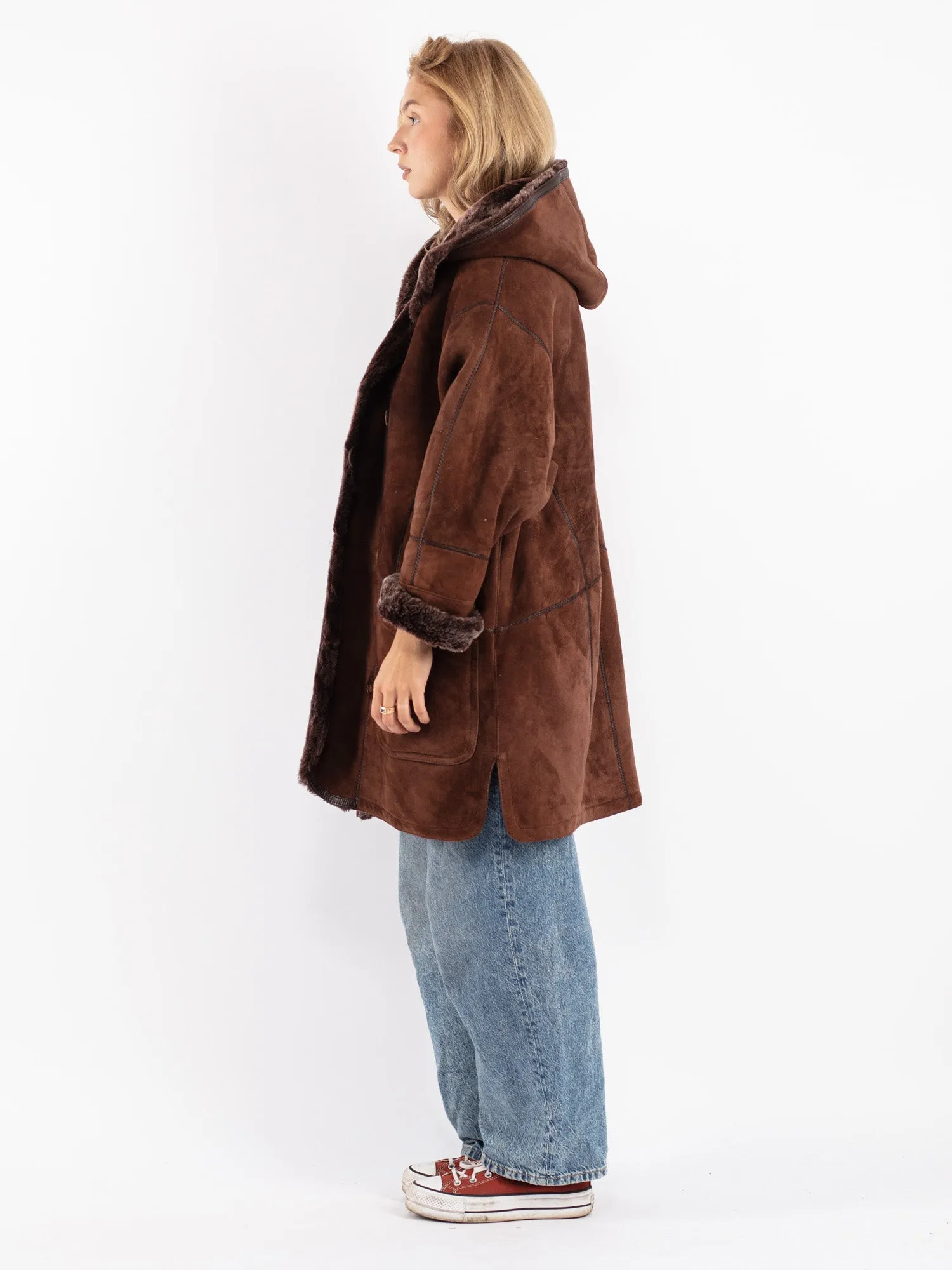 Vintage 80's Women Hooded Sheepskin Coat in Brown