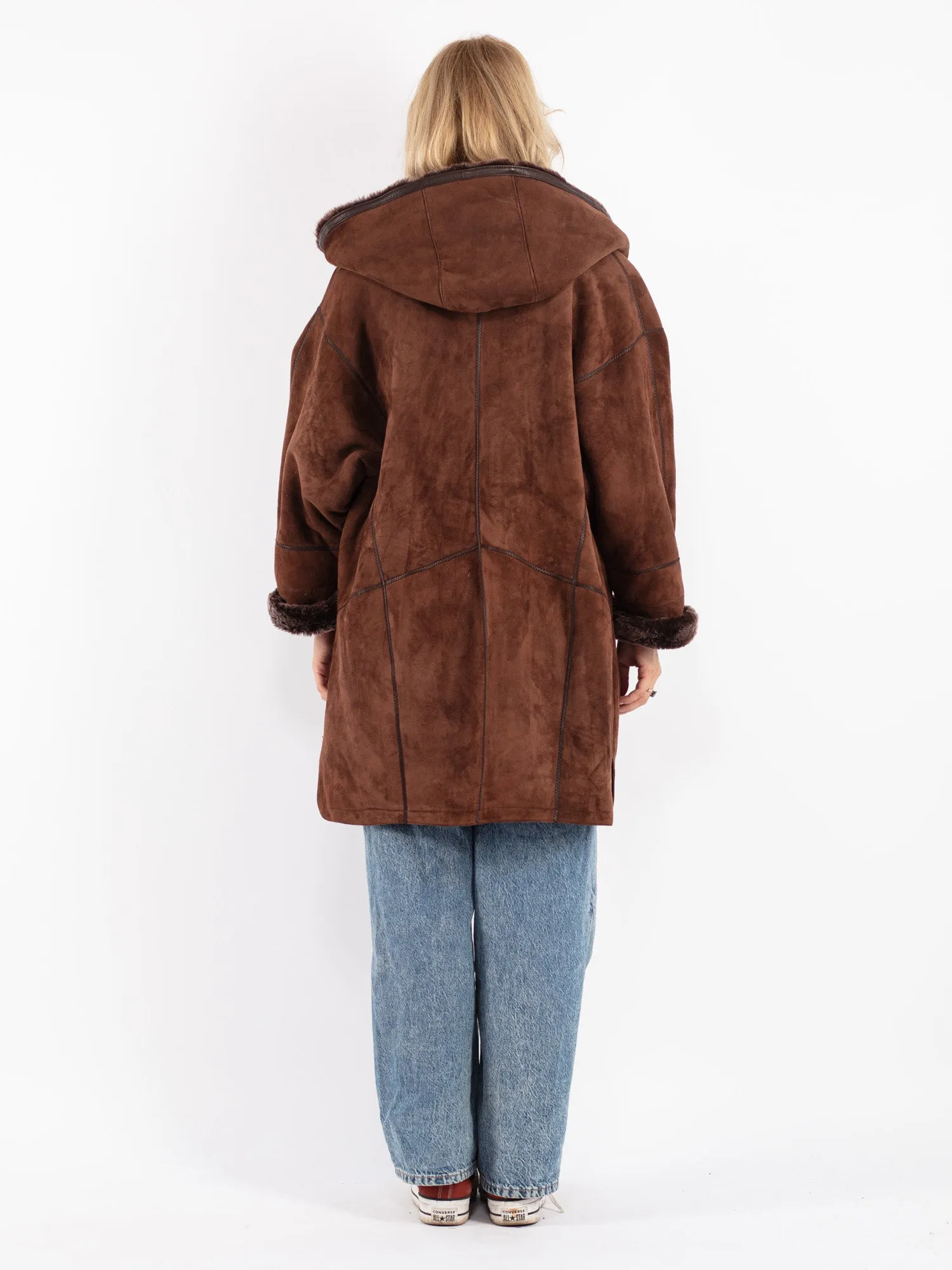 Vintage 80's Women Hooded Sheepskin Coat in Brown