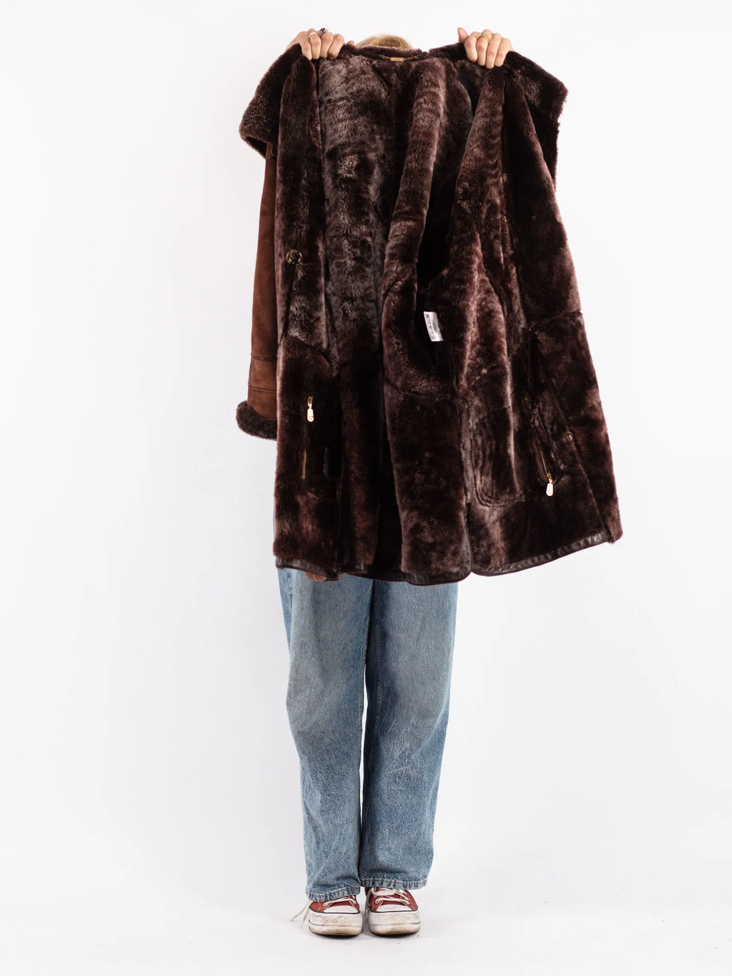 Vintage 80's Women Hooded Sheepskin Coat in Brown